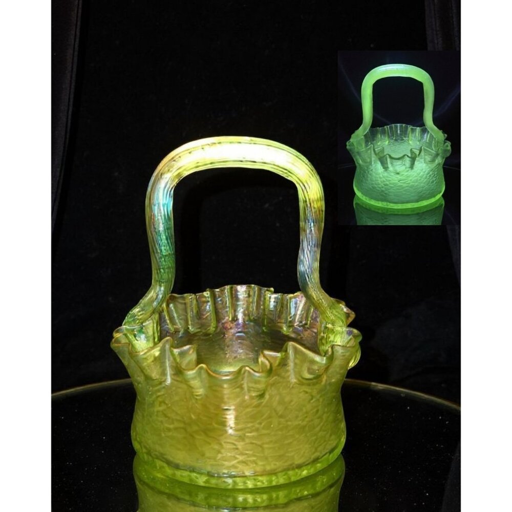 Loetz 1800s Green Iridescent Basket W/ruffled Rim GLOWS UV 365NM
